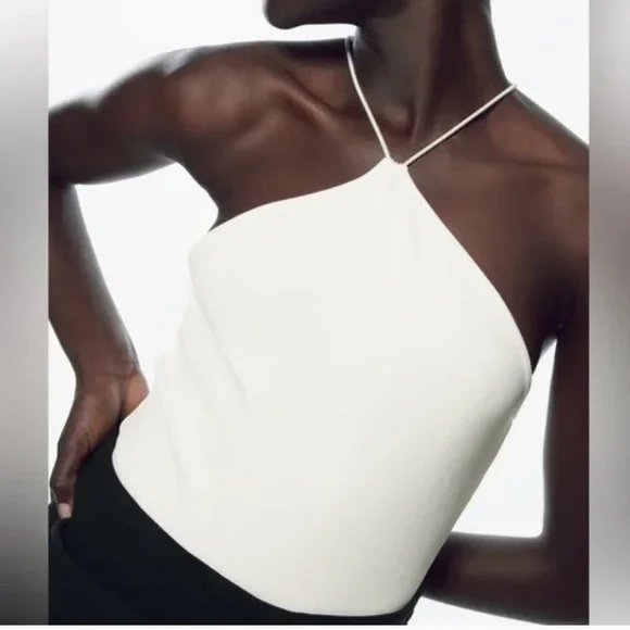 Zara white/ cream cotton ribbed halter bodysuit size M - Picture 1 of 10